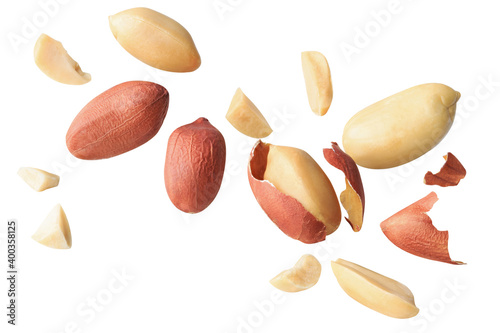 organic peanuts salted snack chapped fly in air  healthy food  on white isolated with clipping path photo