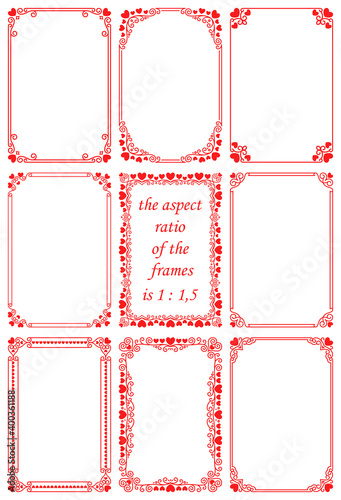 Vector set of rectangular frames in a modern and vintage style with red hearts 3