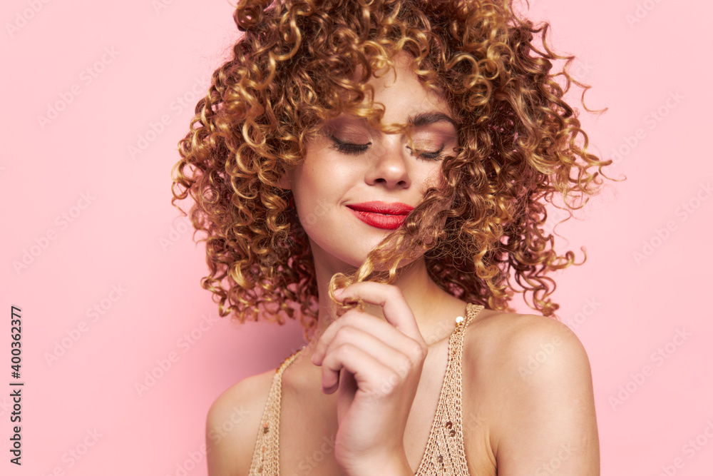 woman Closed eyes makeup model fashion clothes pink background