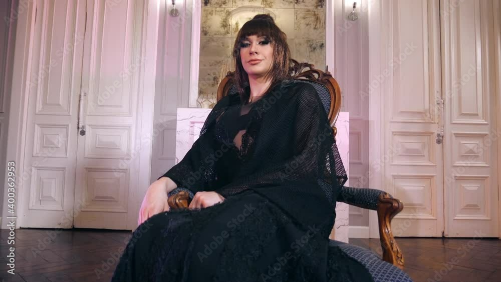 Transsexual Proud Look At Camera Makeup Trans Lgbt Black Dress Bisexual Man Sitting Throne 