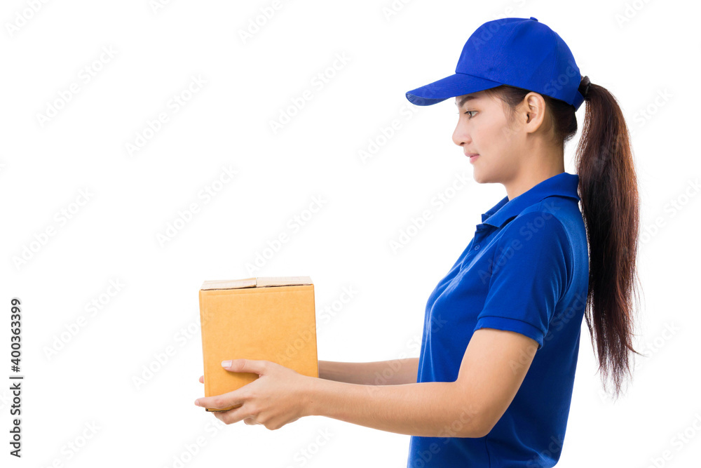 Delivery Woman accepting a delivery of boxes from delivery woman with copy space. Advertising, Business, Transportation Concept clipping path Delivery Woman accepting a delivery of boxes from delivery woman with copy space. Advertising, Business, Transportation Concept clipping path