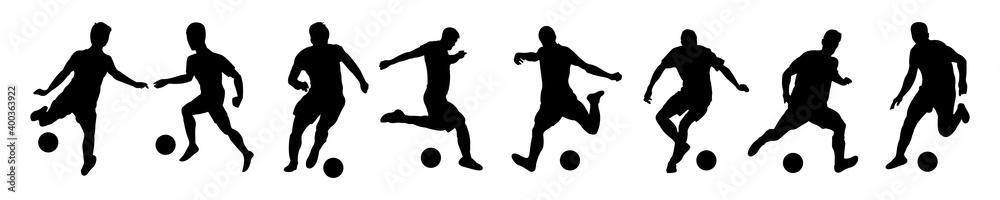 Silhouettes Soccer Players in Various poses stock illustration