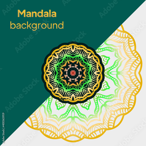 Creative invitation card template with floral round mandala. Vector illustration.