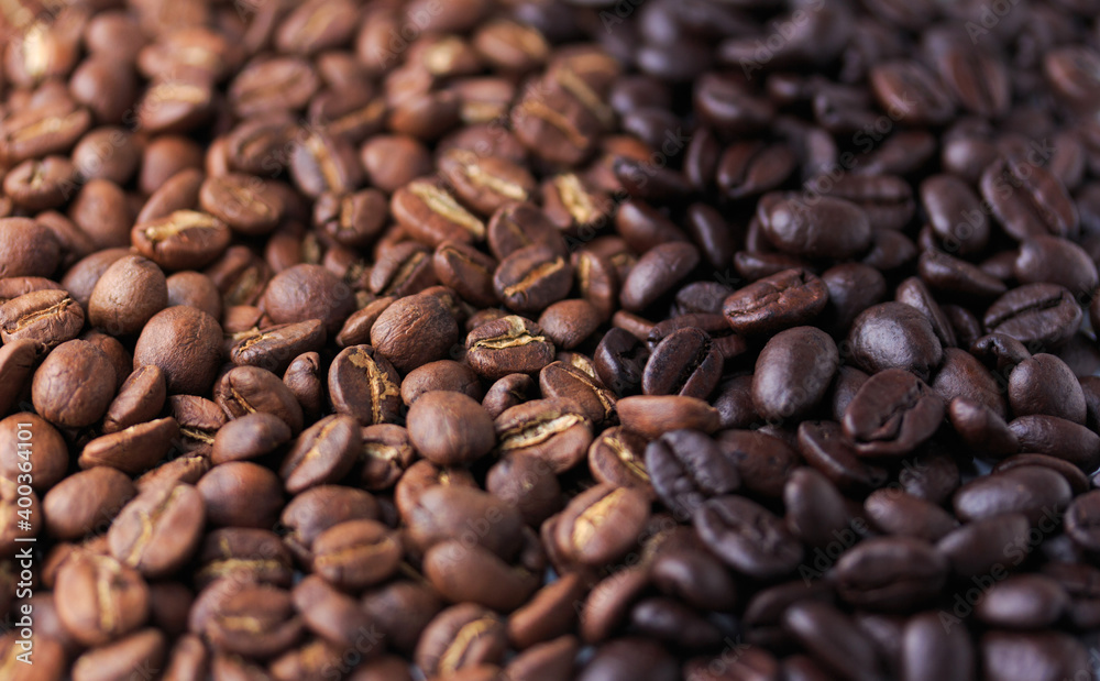 Coffee beans Different roast light Medium black coffee drink energy  background soft focus