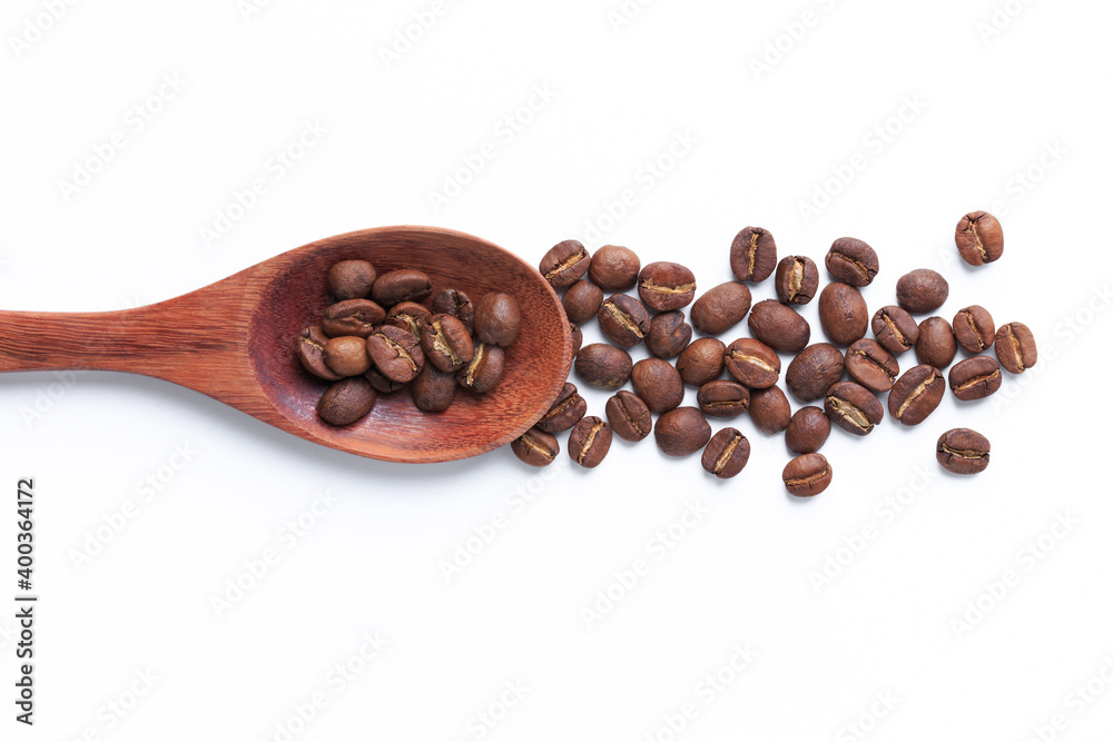 Fototapeta premium top coffee beans Different roast light Medium black coffee drink energy in spoon wood on white isolated