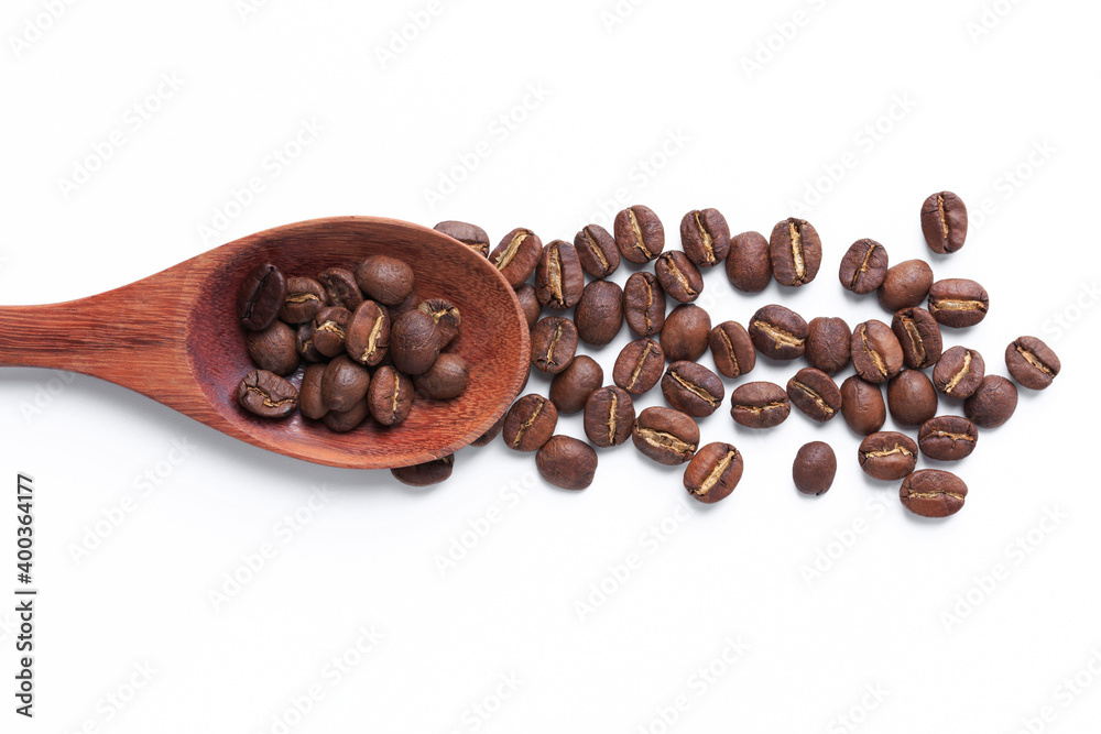 Obraz premium top coffee beans Different roast light Medium black coffee drink energy in spoon wood on white isolated
