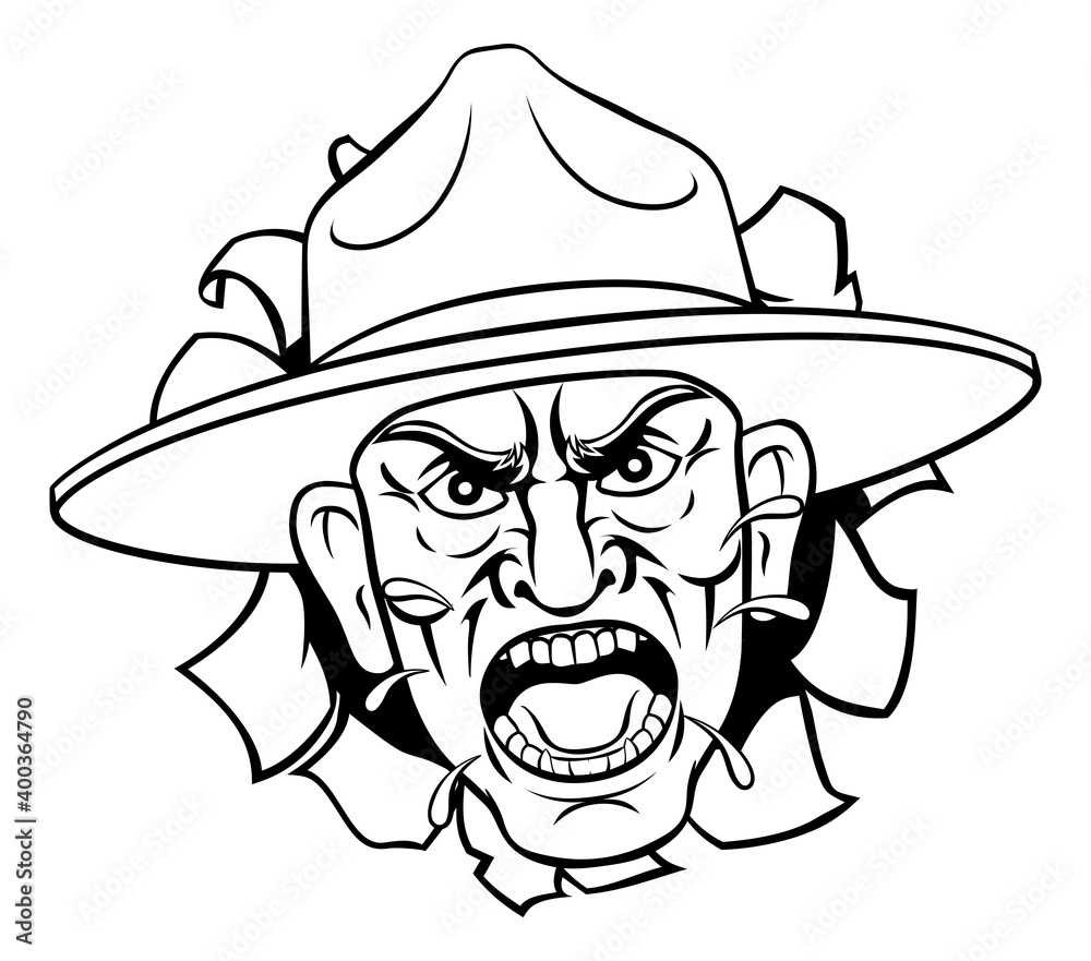An angry army bootcamp drill sergeant soldier shouting cartoon An angry army bootcamp drill sergeant soldier shouting cartoon