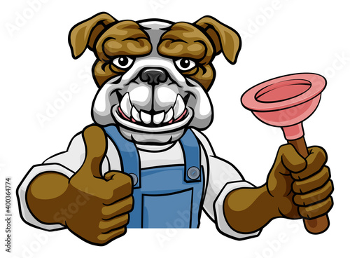 A bulldog plumber dog cartoon mascot holding a plunger peeking round a sign giving a thumbs up