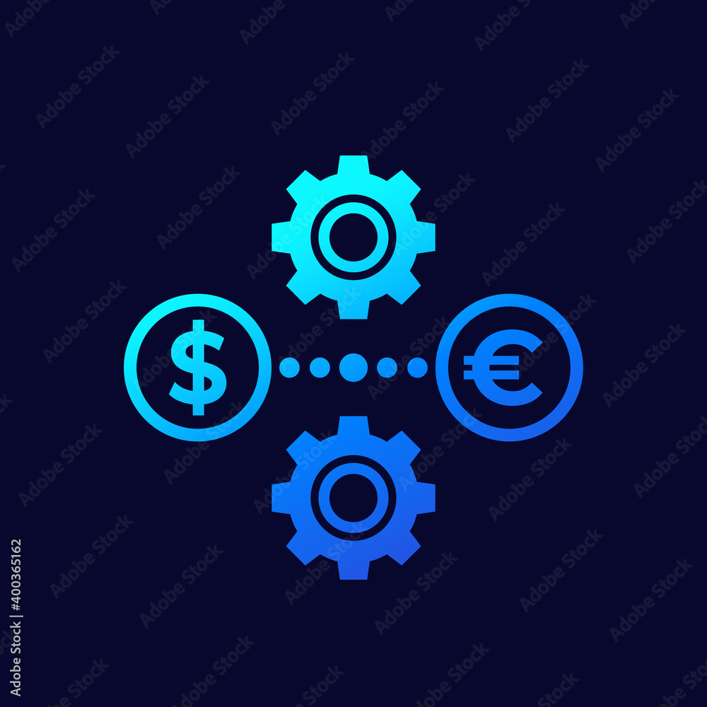 dollar to euro exchange icon with gears, vector dollar to euro exchange icon with gears, vector