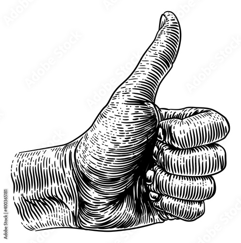A hand giving a thumbs up sign in a vintage retro woodcut style