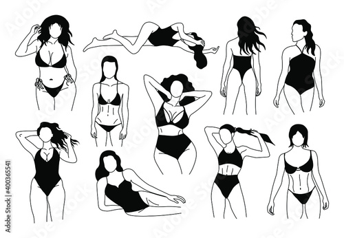 Set of stylish faceless ladies. Hand drawn beautiful slim curvy women bodies, outline body parts. Vector fashion illustrations