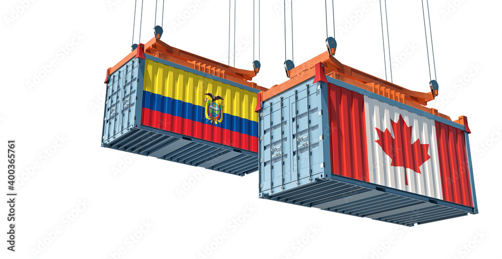 Freight containers with Canada and Ecuador national flags. 3D Rendering 