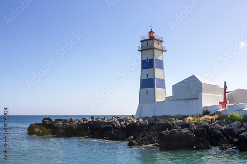 Cascais, Portugal. The Santa Marta Lighthouse, on the estuary of the River Tagus and the Cascais Bay