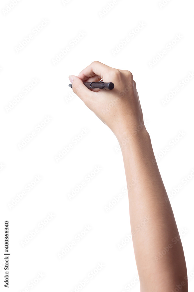 Female hand is ready for drawing with black marker. Isolated on white. Female hand is ready for drawing with black marker. Isolated on white.