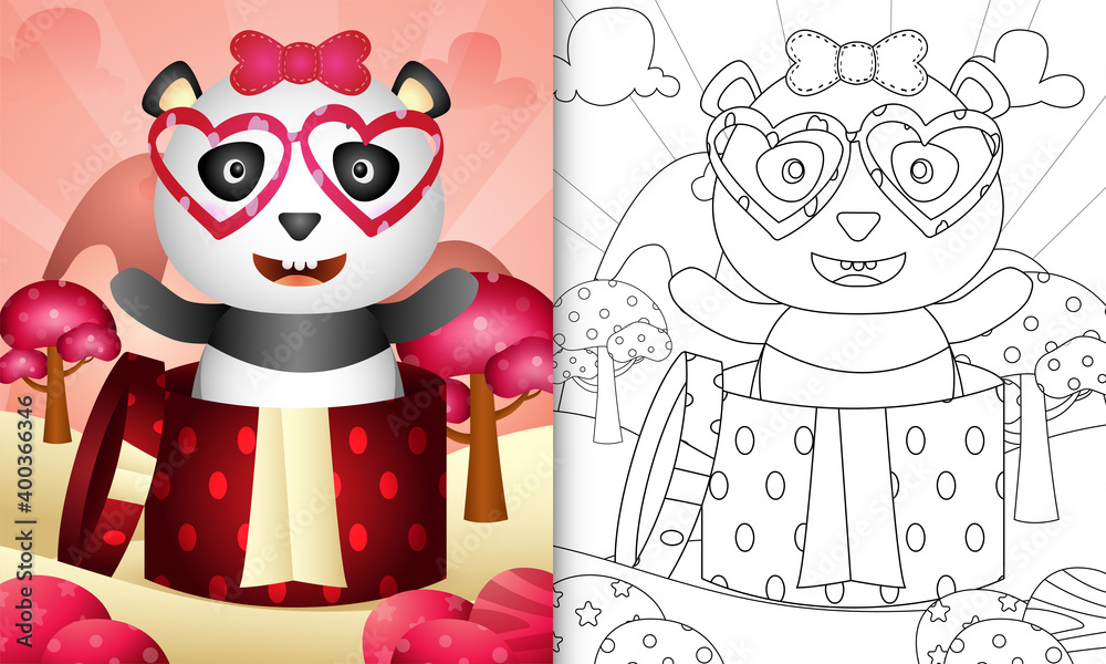 coloring book for kids with a cute panda in the gift box themed valentine day