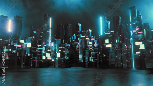 3D Rendering of billboards and advertisement signs at modern buildings in capital city with light reflection from puddles on street. Concept for night life  never sleep business district center  CBD 