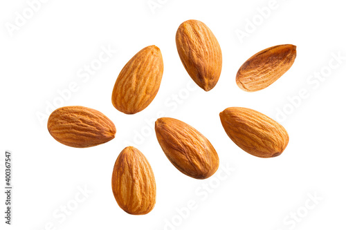 almond nut Beautiful floating healthy food white isolated