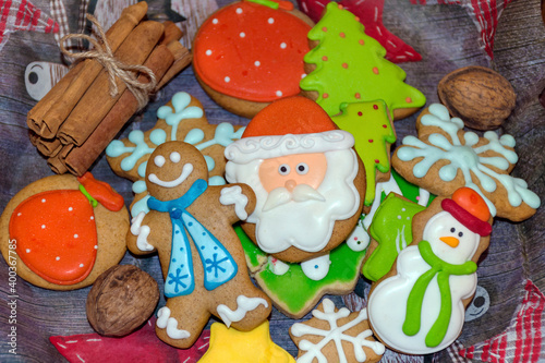 Christmas Gingerbread Cookies on a Wooden Background .Christmas Food