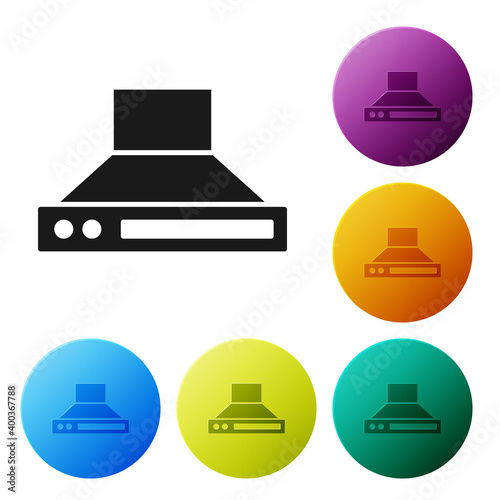 Black Kitchen extractor fan icon isolated on white background. Cooker hood. Kitchen exhaust. Household appliance. Set icons in color circle buttons. Vector.