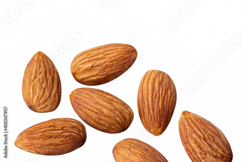 piece almond healthy food ingredient . almond full macro shoot nuts on white isolated .Clipping path