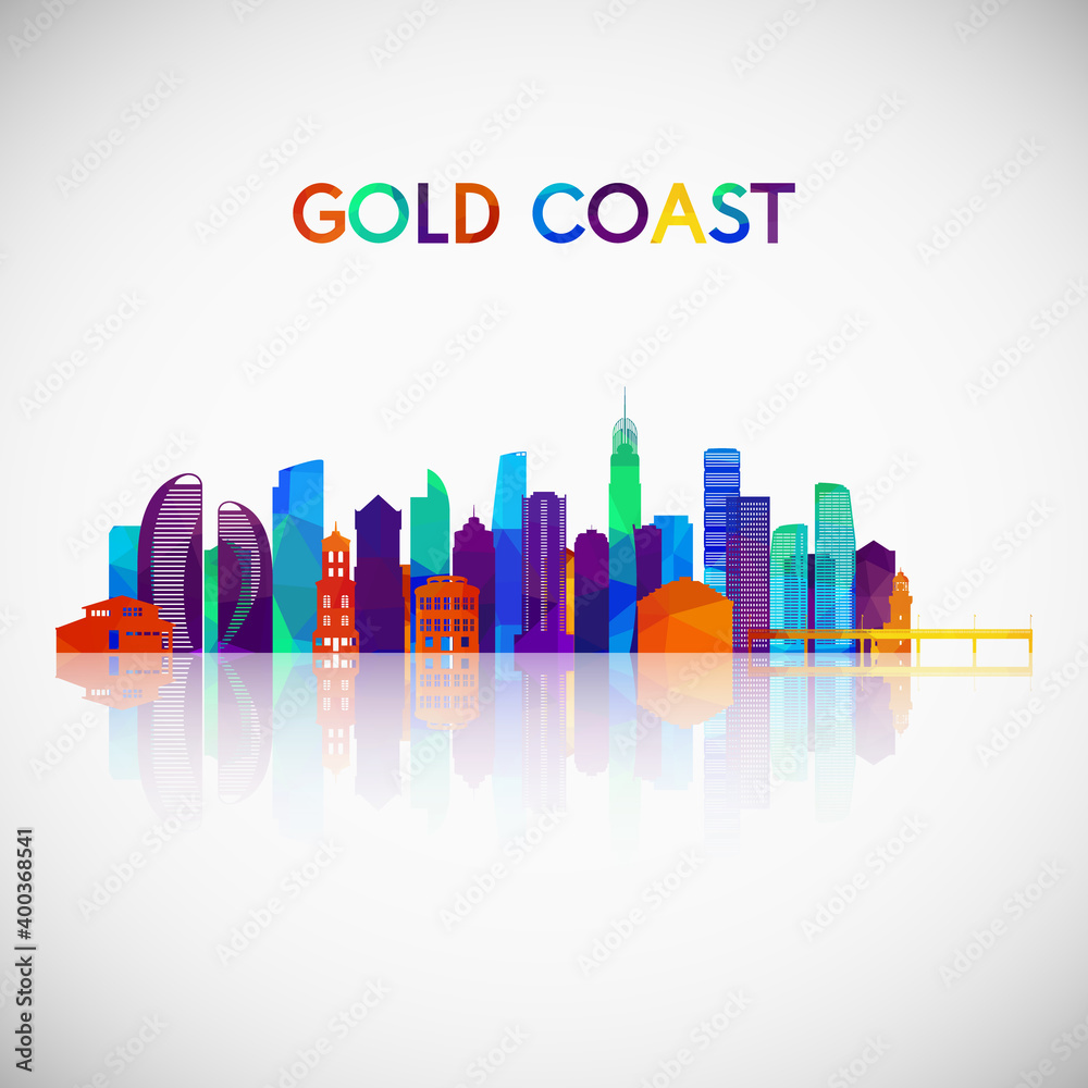 Gold Coast skyline silhouette in colorful geometric style. Symbol for your design. Vector illustration.