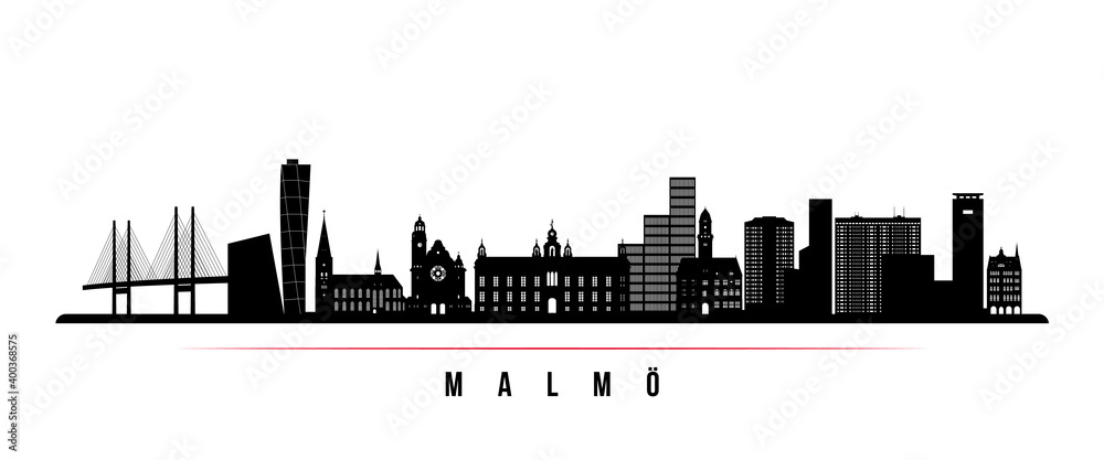 Malmö skyline horizontal banner. Black and white silhouette of Malmö City, Sweden. Vector template for your design.