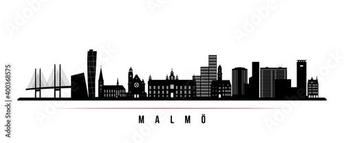Malmö skyline horizontal banner. Black and white silhouette of Malmö City, Sweden. Vector template for your design. photo