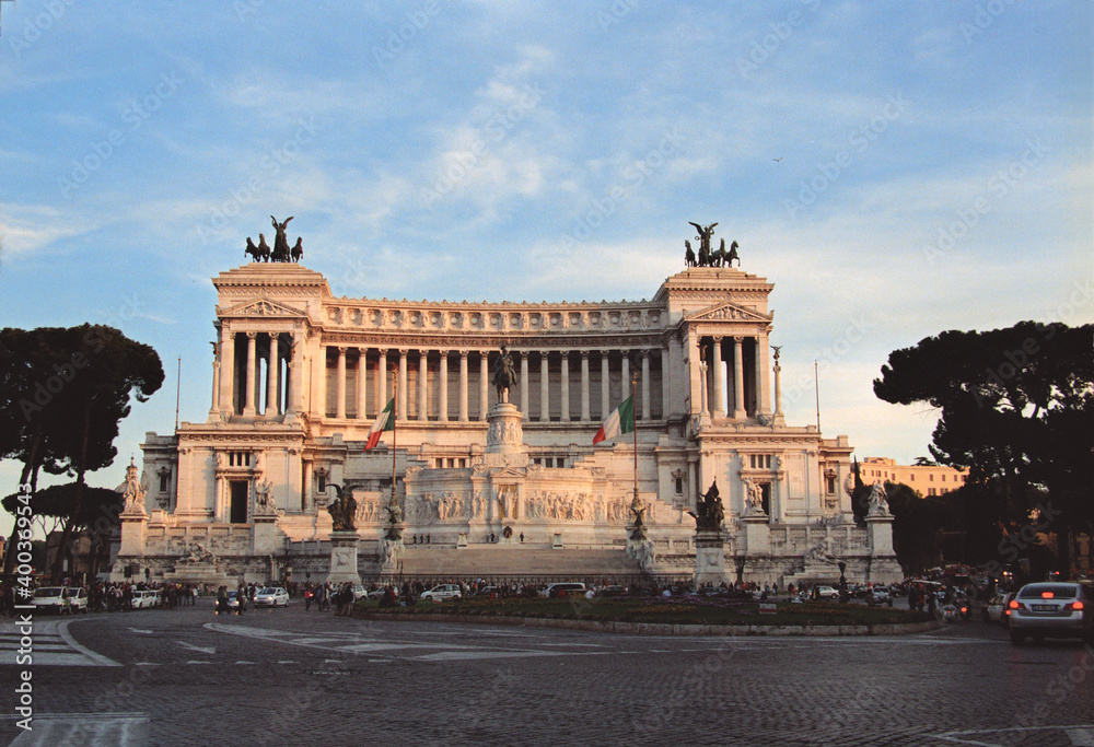View of Piazza Venezia under sunset in Rome, Italy.