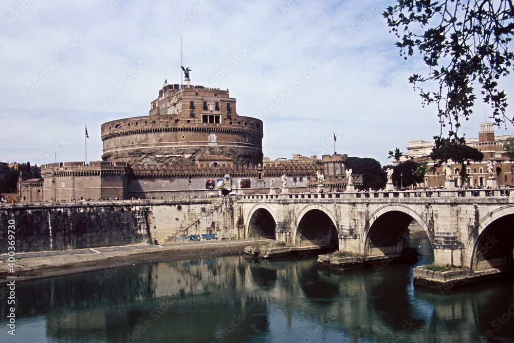 People visiting Sant'Angelo Castle and Bridge in Rome, Italy.