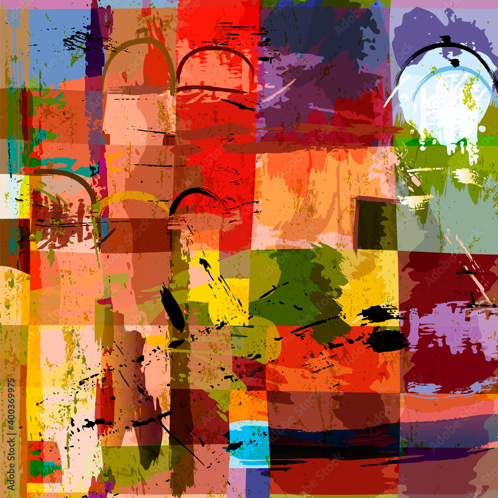abstract geometric background composition, with paint strokes, splashes and squares