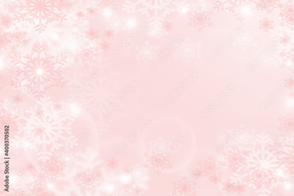 Pastel pink winter background with snowflakes, copy space