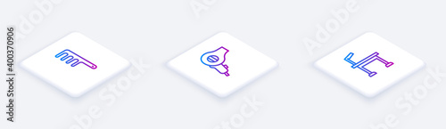 Set Isometric line Hair brush for dog and cat, dryer and Pet grooming table. White square button. Vector.