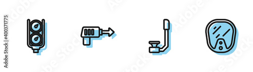 Set line Snorkel, Gauge scale, Fishing harpoon and Diving mask icon. Vector.