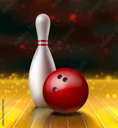 3d realistic vector bowling kegel and red ball on a wooden floor.