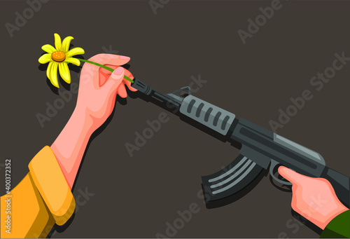 Flower Power, Hand put flower on soldier rifle gun symbol for peace and stop war concept in cartoon illustration vector