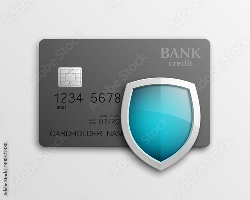 Protection shield Credit card. Safety badge banking icon. Defense safeguard finans icon. Security Plastic card software. Debit card guard electromagnetic chip. Privacy Electronic money funds transfer.