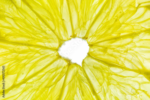 Close-up of a yellow lemon slice isolated on a white background.