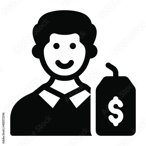 
Man with price tag showing glyph icon of buyer 
