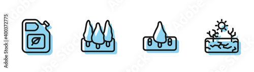 Set line Deforestation, Bio fuel canister, Forest and Drought icon. Vector.