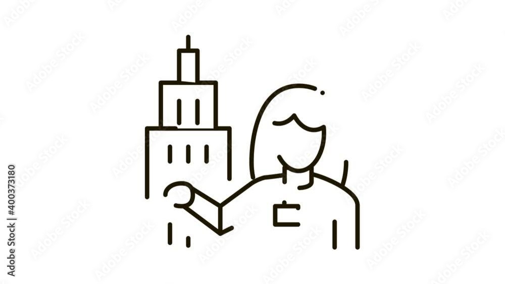 Woman Guide near Tower Landmark Icon Animation. black Woman Guide near ...