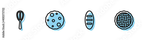 Set line Bread loaf, Kitchen whisk, Cookie or biscuit and Homemade pie icon. Vector.