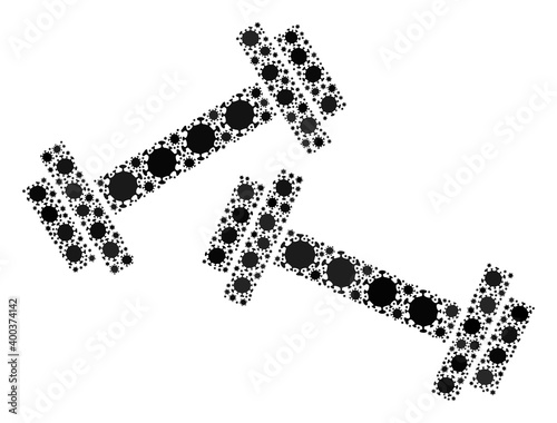 Vector barbells coronavirus mosaic icon created for clinic illustrations. Barbells mosaic is formed with randomized coronavirus viral parts.