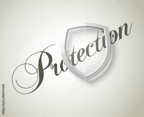 Protection font lettering & transparent shield concept. Safety badge icon. Privacy banner shield. Security label. Defense shield tag. Presentation sticker shape. illustration background