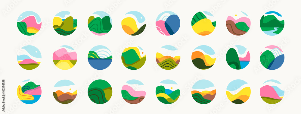Mountain, river, lake, hills, sky view. Round icons. Flat Abstract design. Cutout style. Various landscapes. Big Set of hand drawn trendy Vector illustrations. Poster, print, social media templates
