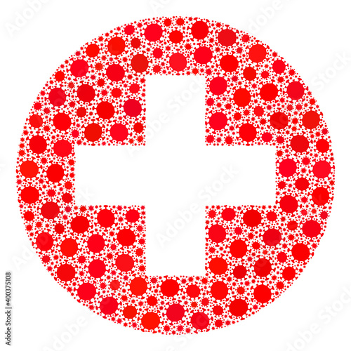 Vector medical aid covid-2019 mosaic icon created for lockdown applications. Medical aid mosaic is formed from random covid viral parts.