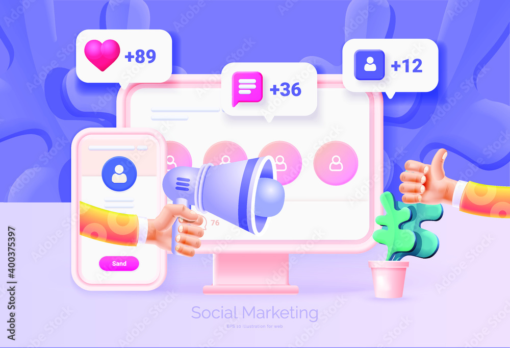 Digital social marketing. Computer and mobile phone with social network interface. Hand holds a megaphone. Getting new subscribers, likes, messages. Social network promotion. Vector illustration 3D