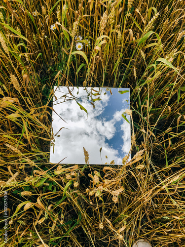 Square mirror in wheat ears with reflected blue sky and white clouds