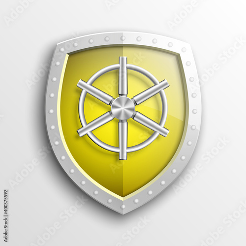 Protection guard shield concept with safety handwheel. Safety badge helm icon. Privacy Safe door handle banner. Security bright label. Presentation shining sticker shield shape. Defense safeguard sign