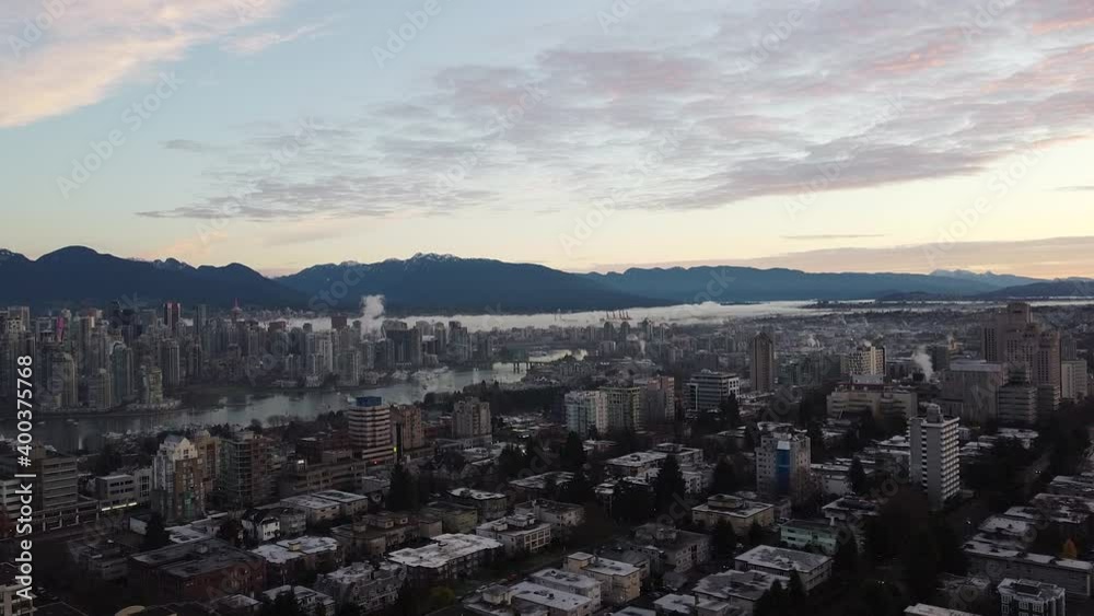Aerial view of Vancouver downtown and False Creek during sunrise Aerial view of Vancouver downtown and False Creek during sunrise