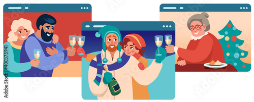 People congratulate family and friends on Christmas and New Year holidays online, clink glasses of champagne